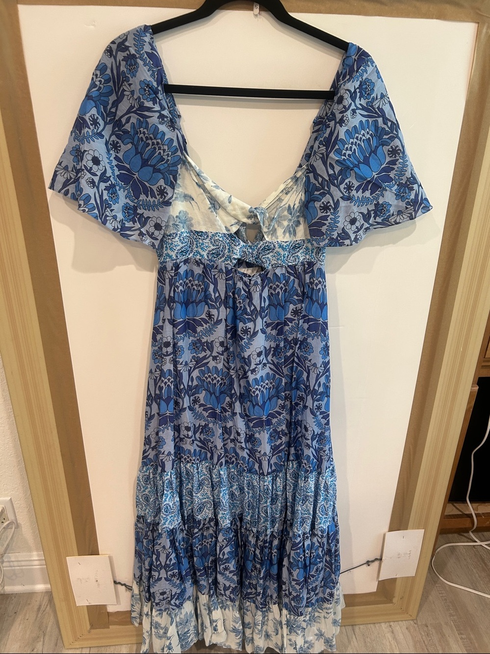 Sandro Blue Floral Tiered Maxi Dress with Flutter Sleeves